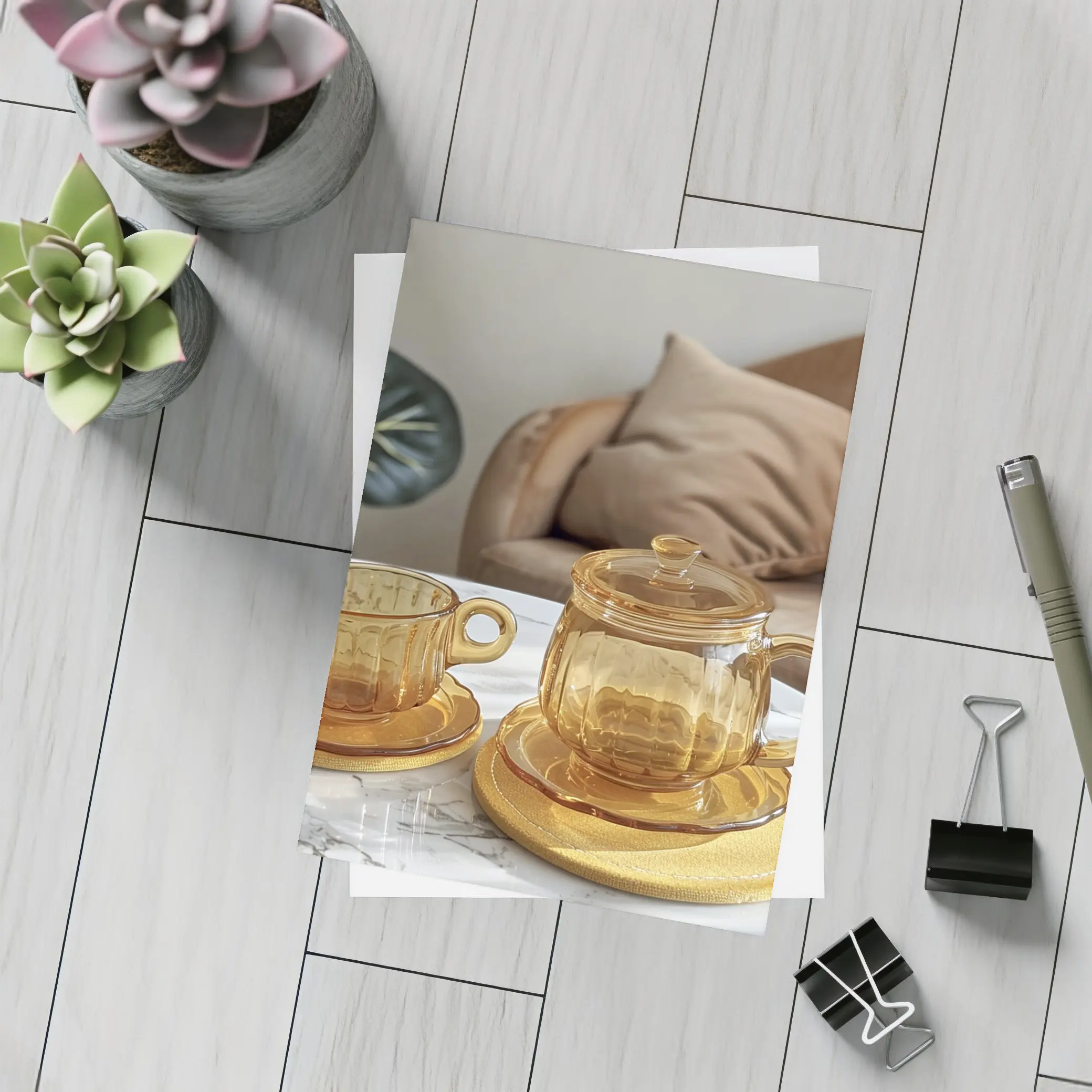 Amber Glass Tea Set Marble Table – Postcards