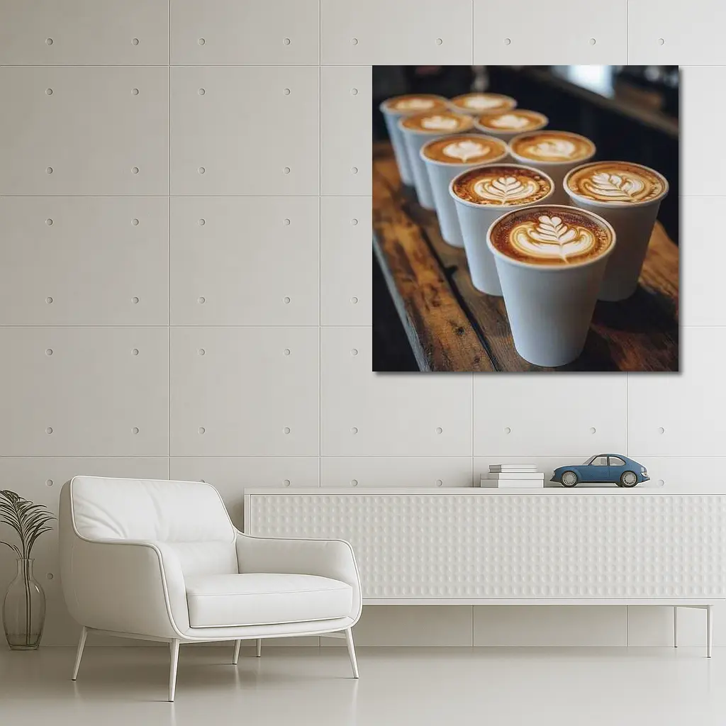 Latte Art Coffee Cups on Wooden Bar – Wall Art
