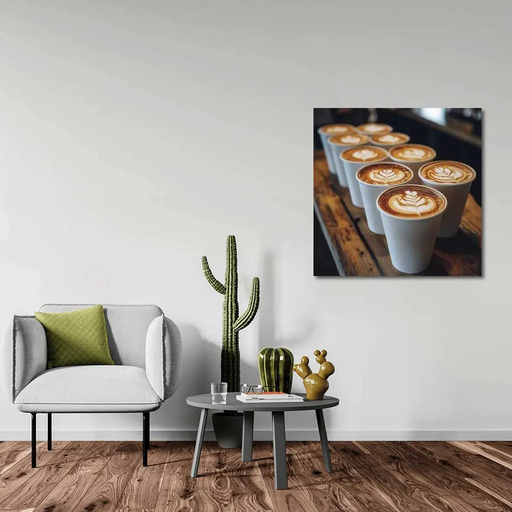 Latte Art Coffee Cups on Wooden Bar – Wall Art