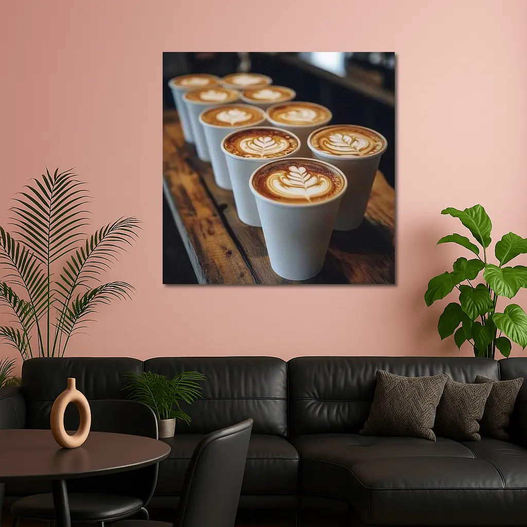 Latte Art Coffee Cups on Wooden Bar – Wall Art