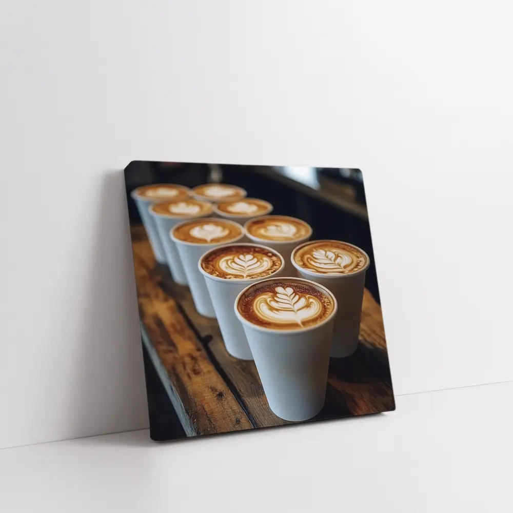 Latte Art Coffee Cups on Wooden Bar – Wall Art