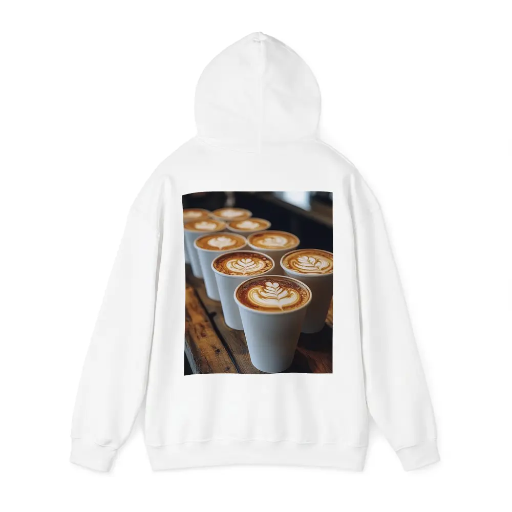 Latte Art Coffee Cups on Wooden Bar – Hoodies