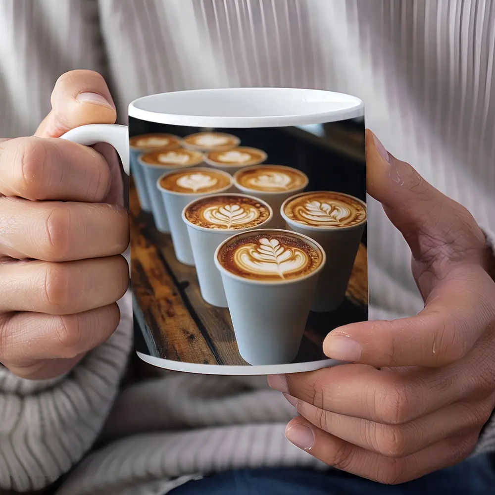 Latte Art Coffee Cups on Wooden Bar – Mugs