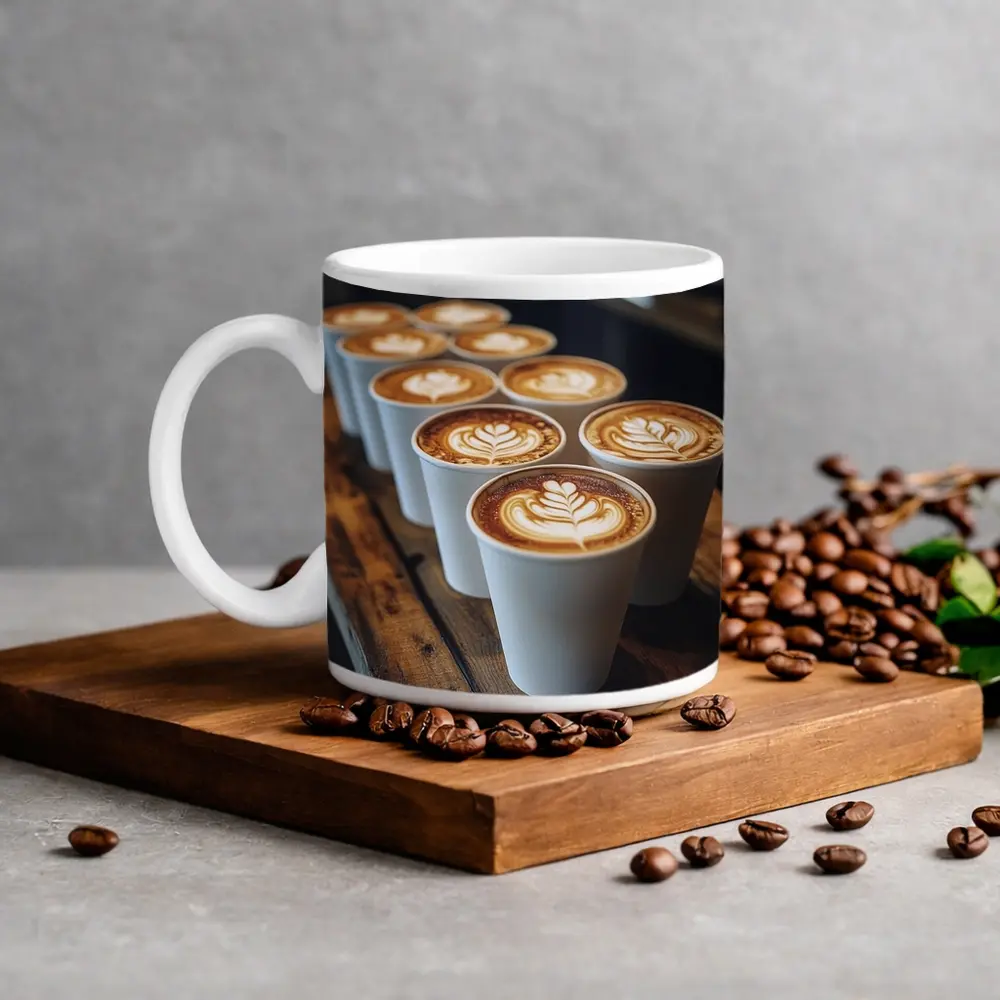 Latte Art Coffee Cups on Wooden Bar – Mugs