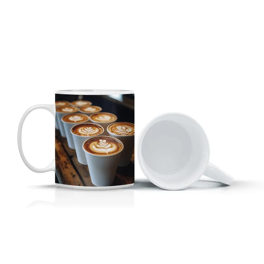 Latte Art Coffee Cups on Wooden Bar – Mugs