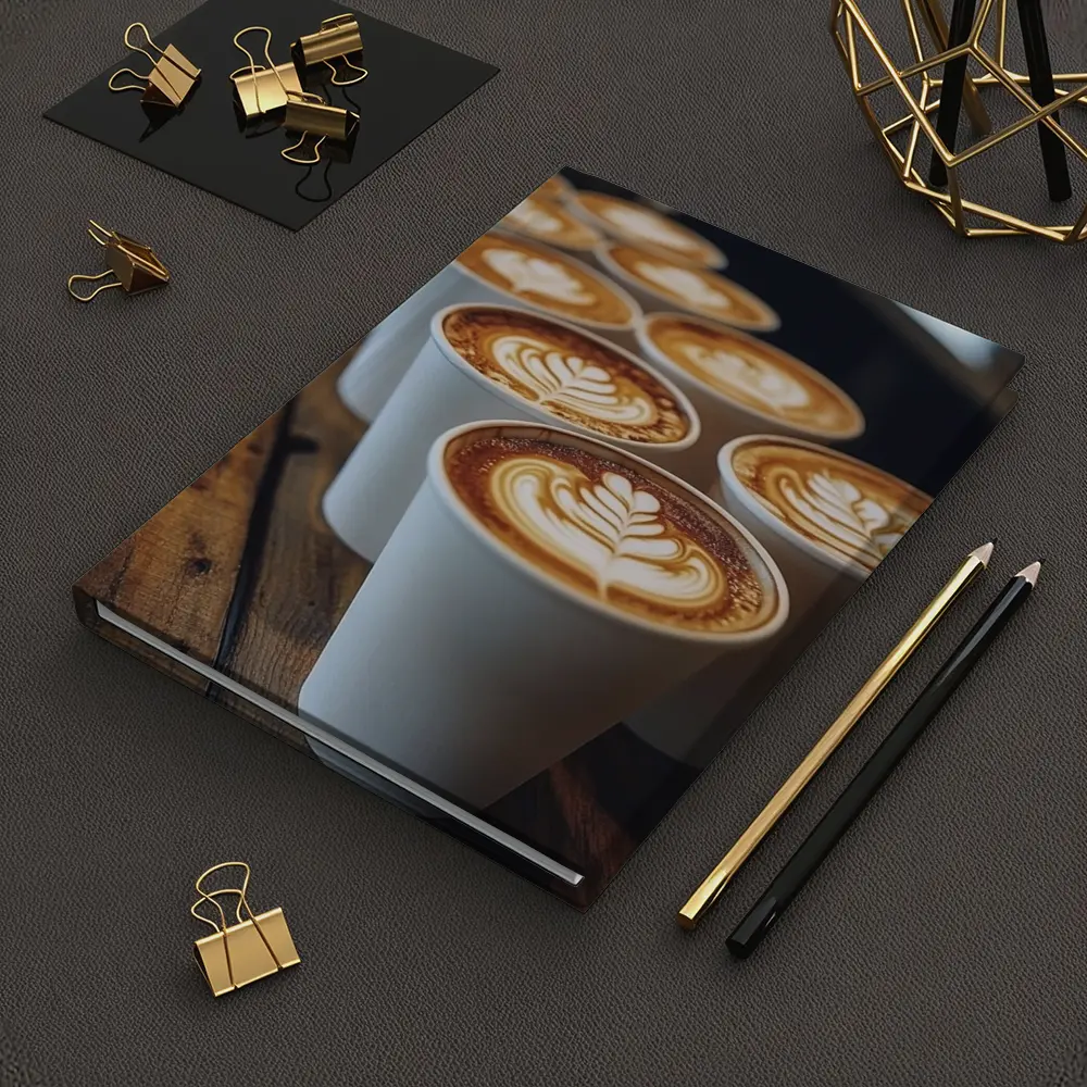 Latte Art Coffee Cups on Wooden Bar – Notebooks