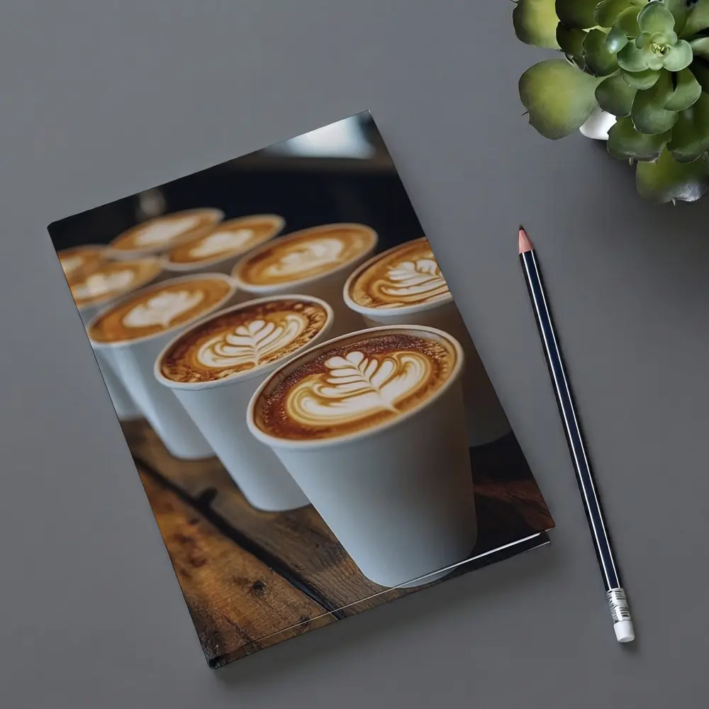 Latte Art Coffee Cups on Wooden Bar – Notebooks