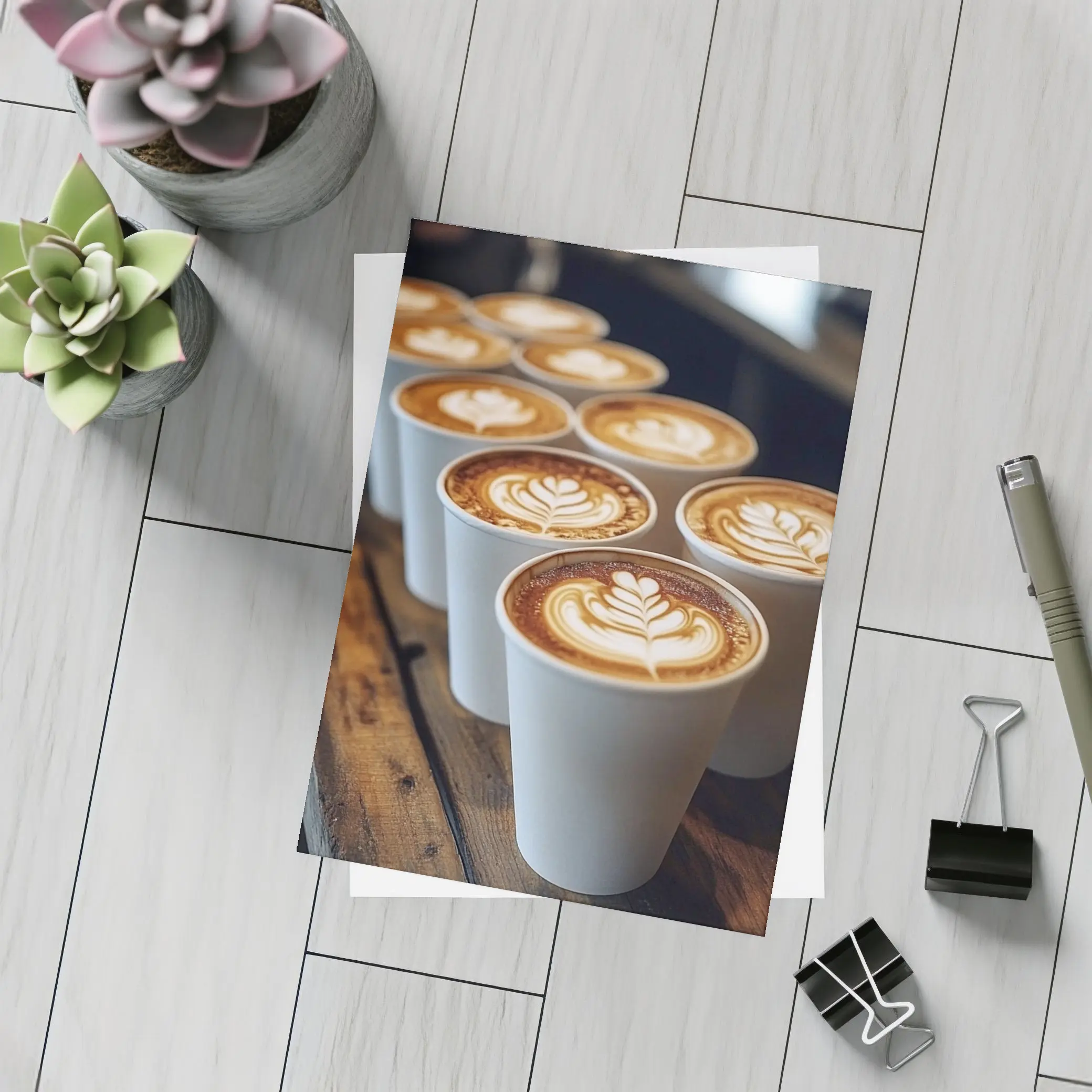 Latte Art Coffee Cups on Wooden Bar – Postcards