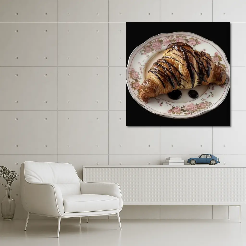 Chocolate Drizzled Croissant On Floral Plate – Wall Art