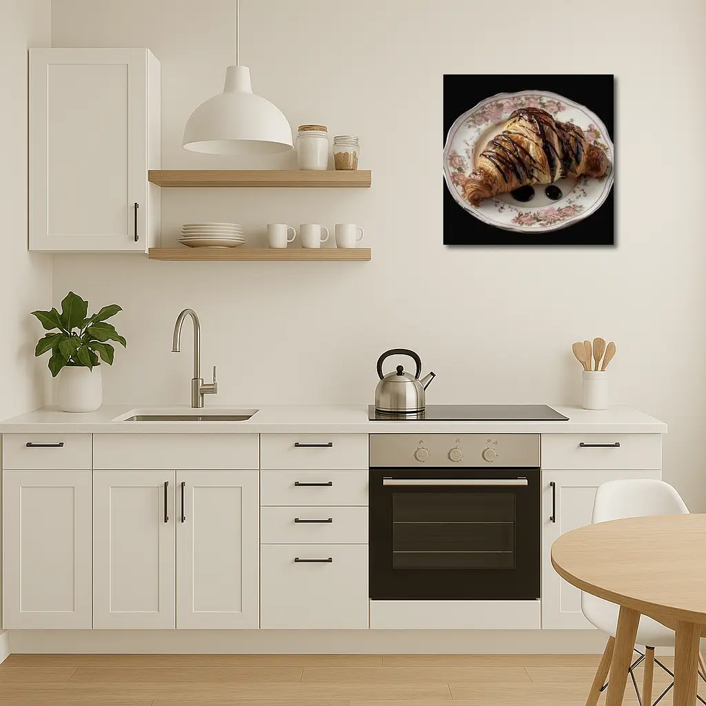 Chocolate Drizzled Croissant On Floral Plate – Wall Art