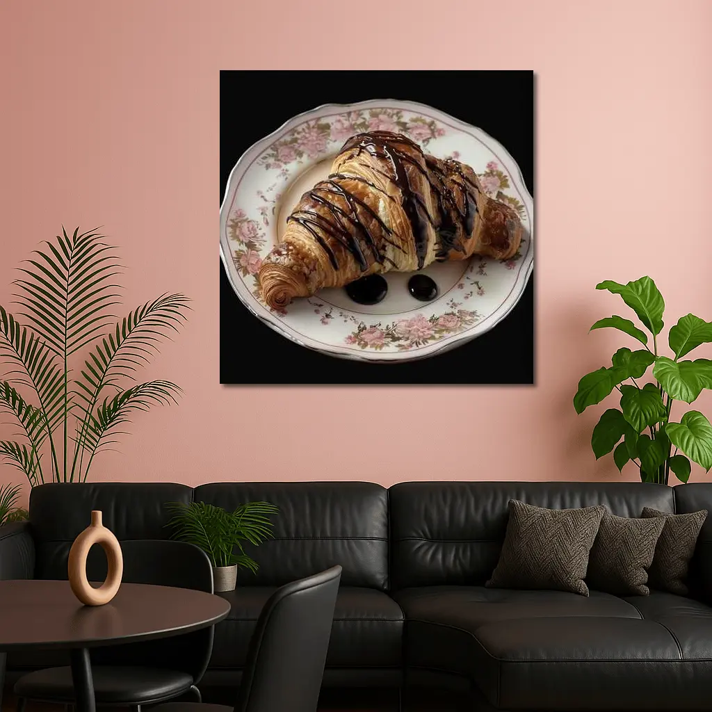 Chocolate Drizzled Croissant On Floral Plate – Wall Art