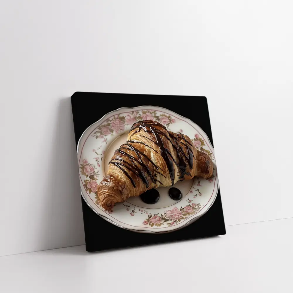 Chocolate Drizzled Croissant On Floral Plate – Wall Art