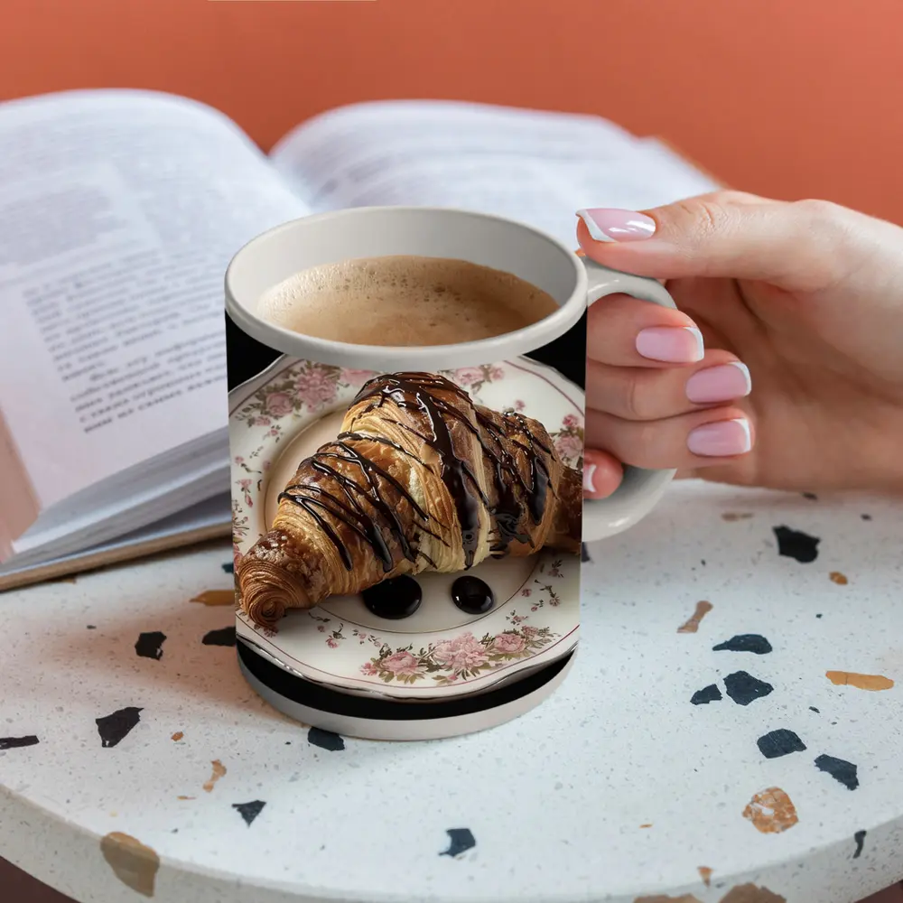 Chocolate Drizzled Croissant On Floral Plate – Mugs
