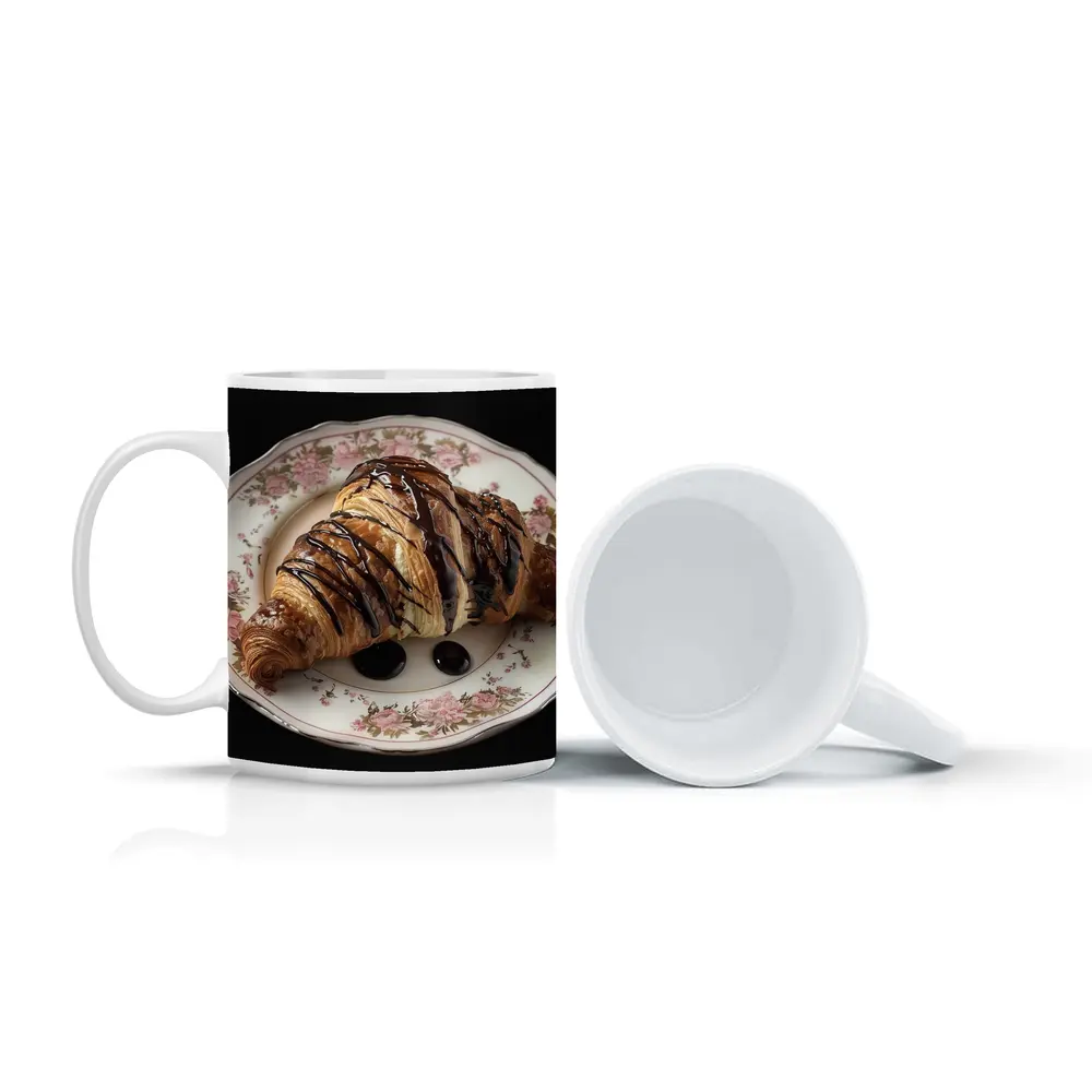 Chocolate Drizzled Croissant On Floral Plate – Mugs