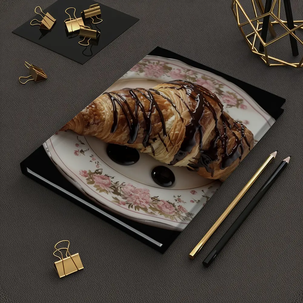 Chocolate Drizzled Croissant On Floral Plate – Notebooks