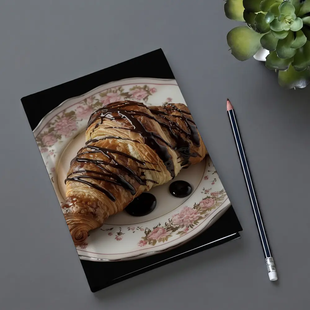 Chocolate Drizzled Croissant On Floral Plate – Notebooks