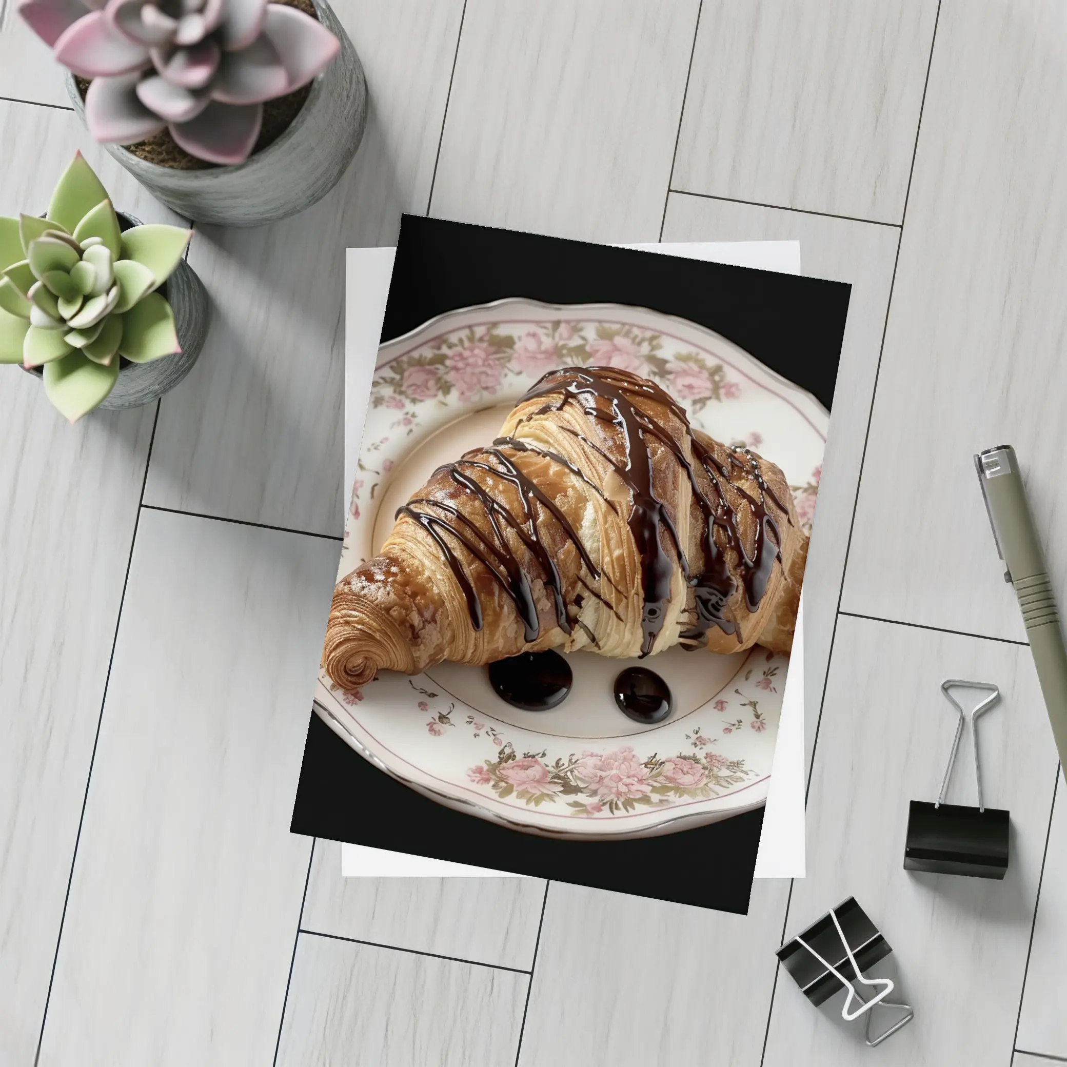 Chocolate Drizzled Croissant On Floral Plate – Postcards