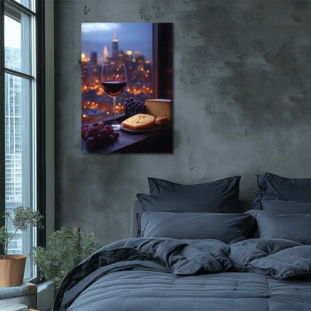Red Wine Cheese Grapes City Night View – Wall Art