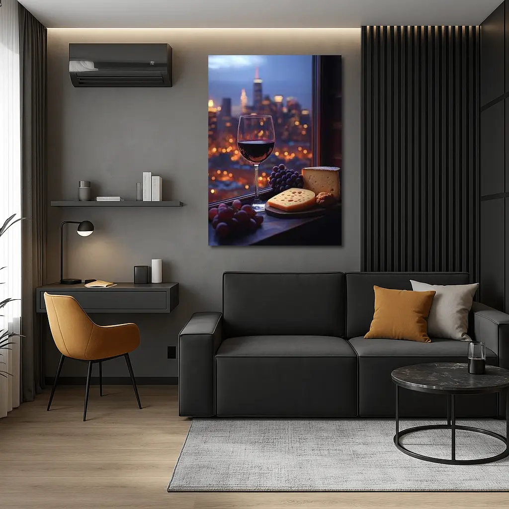 Red Wine Cheese Grapes City Night View – Wall Art