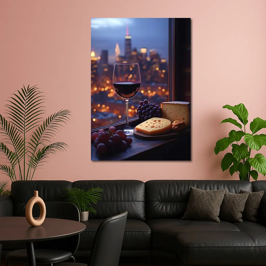 Red Wine Cheese Grapes City Night View – Wall Art