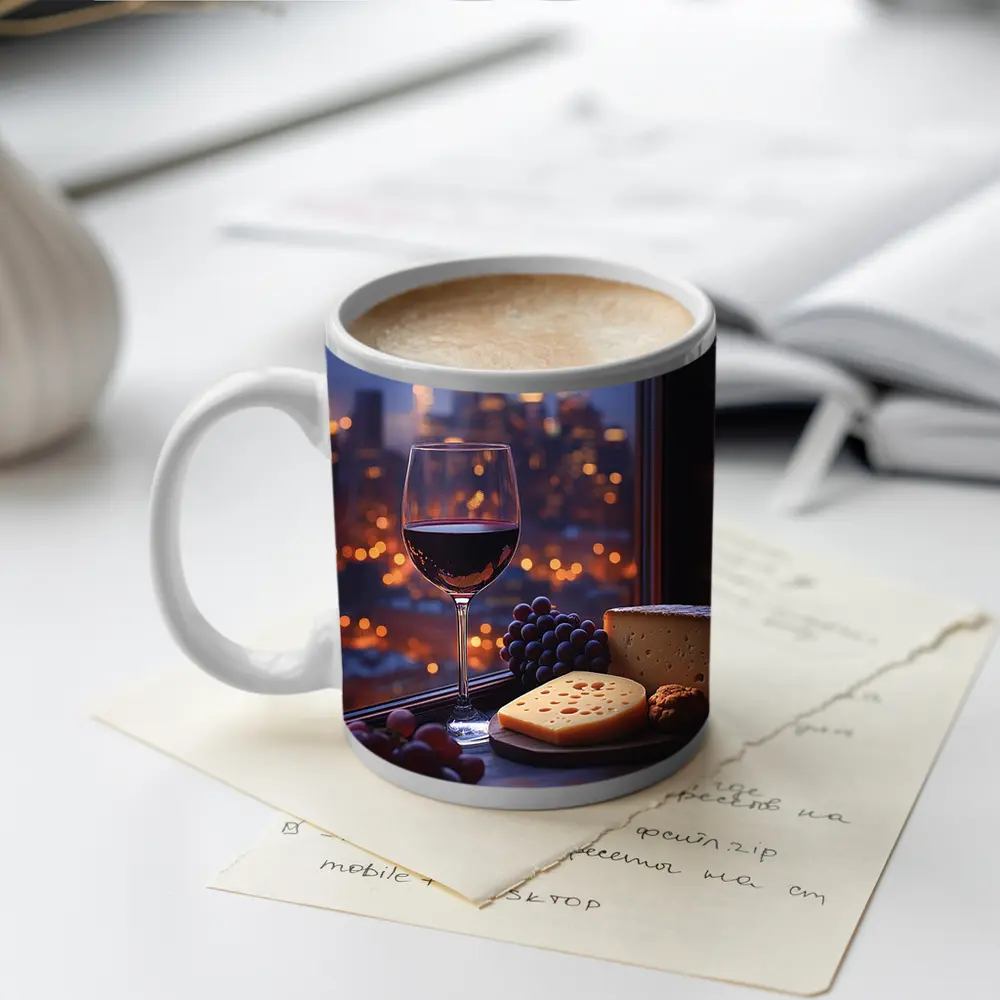 Red Wine Cheese Grapes City Night View – Mugs
