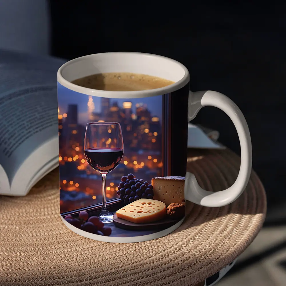 Red Wine Cheese Grapes City Night View – Mugs