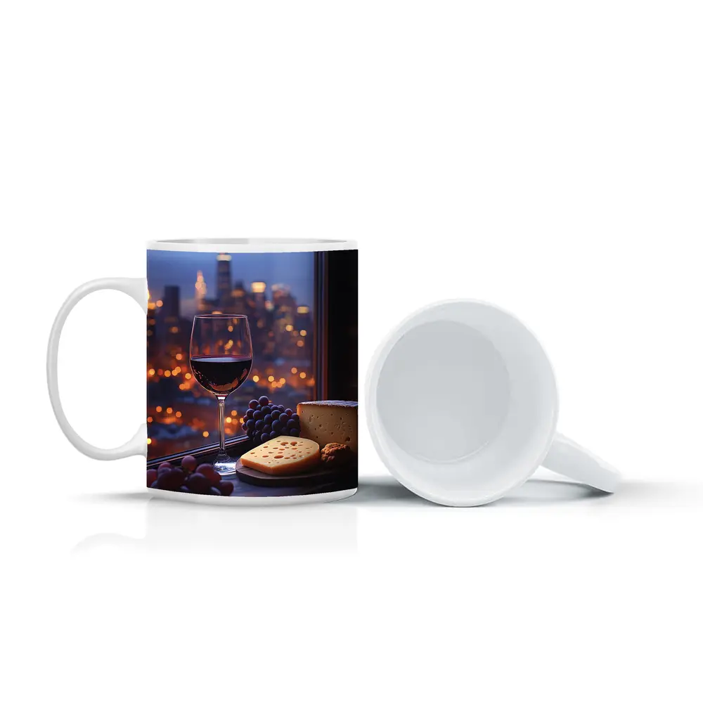 Red Wine Cheese Grapes City Night View – Mugs
