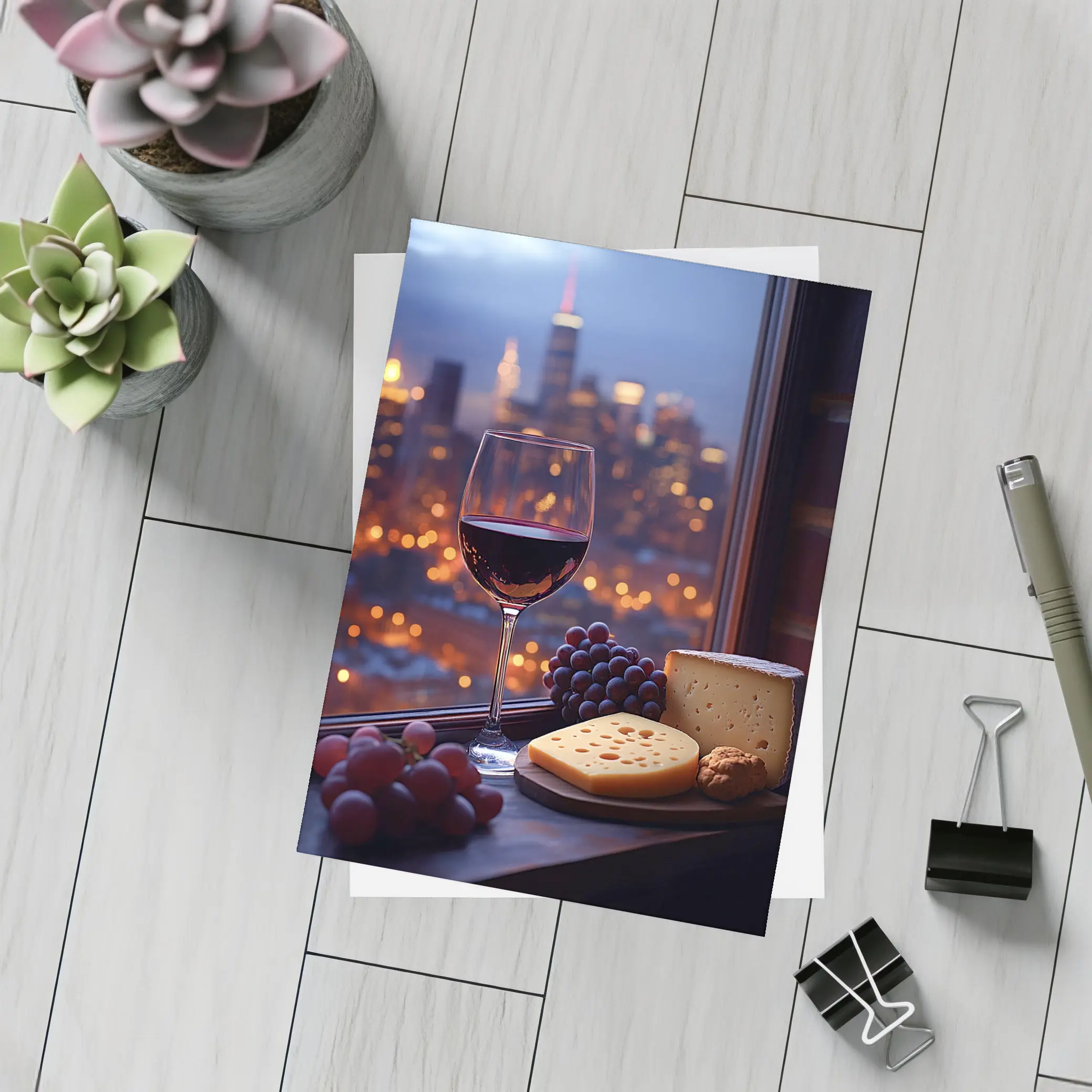 Red Wine Cheese Grapes City Night View – Postcards