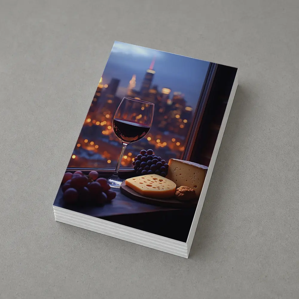 Red Wine Cheese Grapes City Night View – Postcards