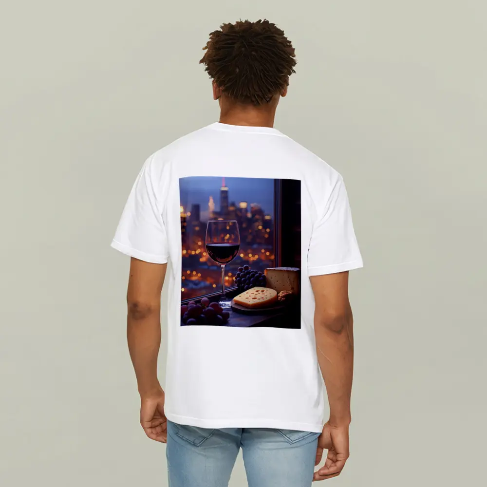 Red Wine Cheese Grapes City Night View – T-Shirts