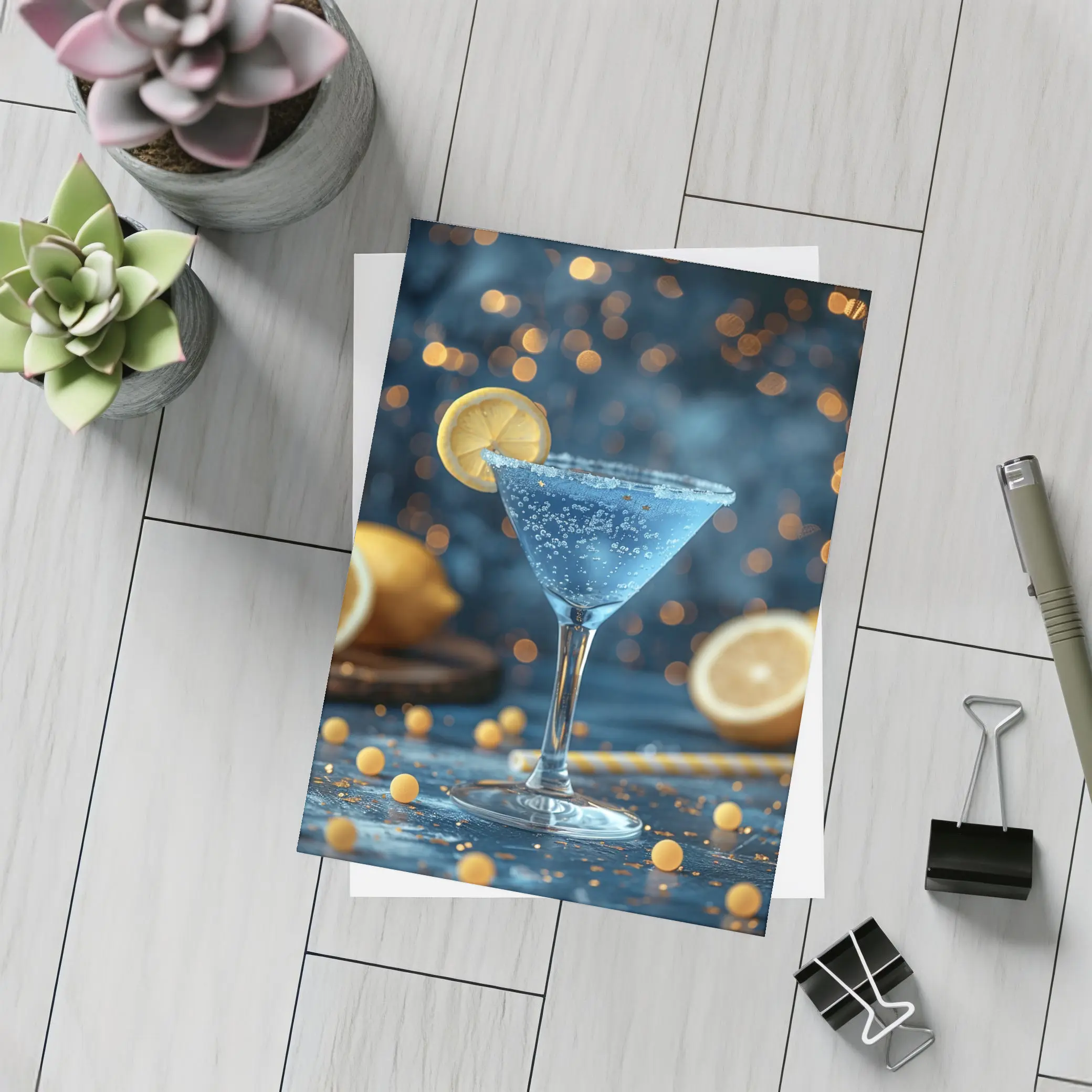 Blue Lemon Martini Cocktail Bokeh Background – Postcards