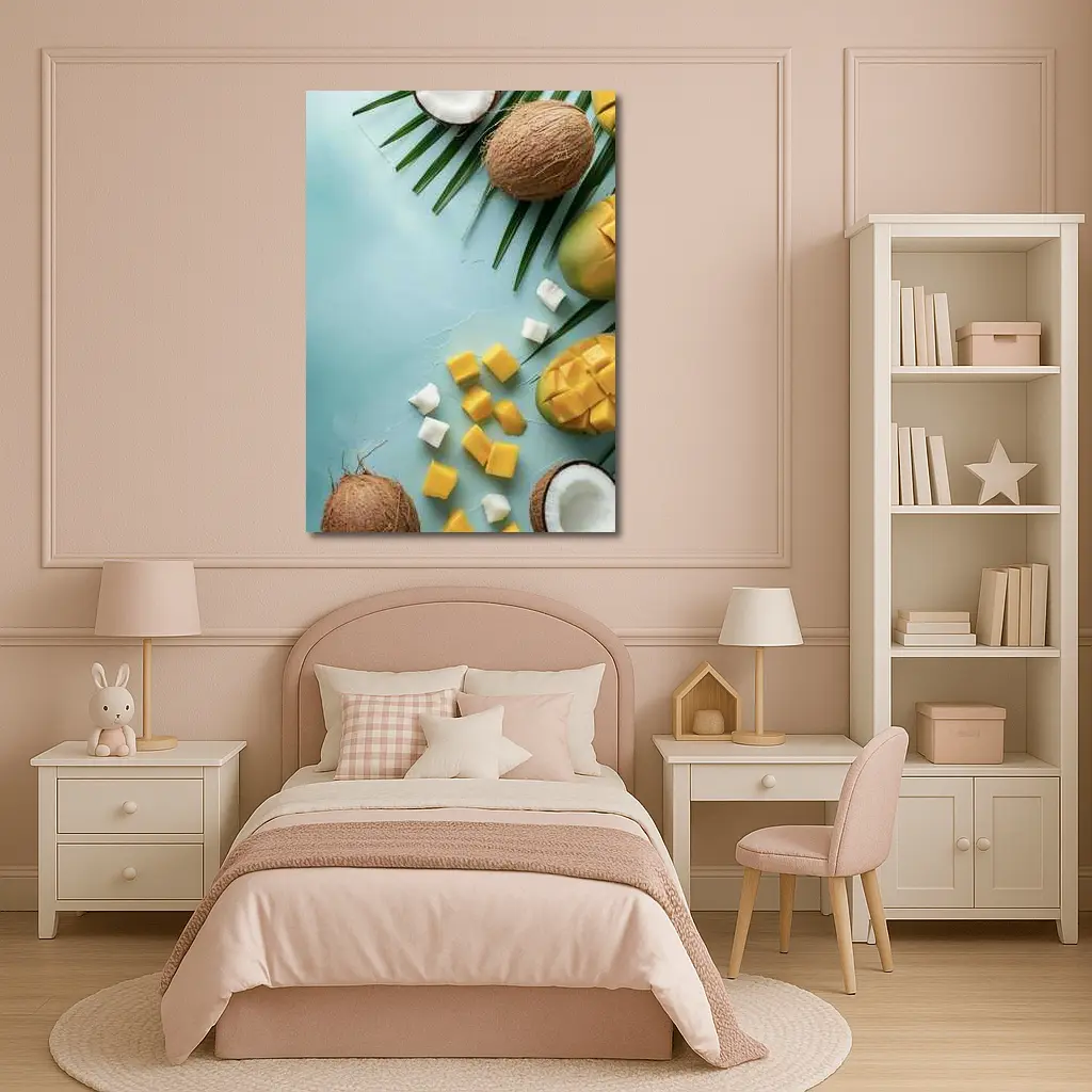 Tropical Mango Coconut Fruit Light Blue Background – Wall Art