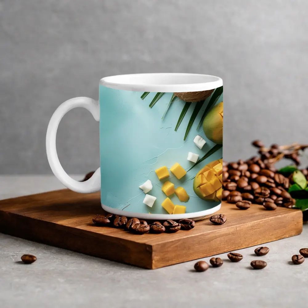 Tropical Mango Coconut Fruit Light Blue Background – Mugs