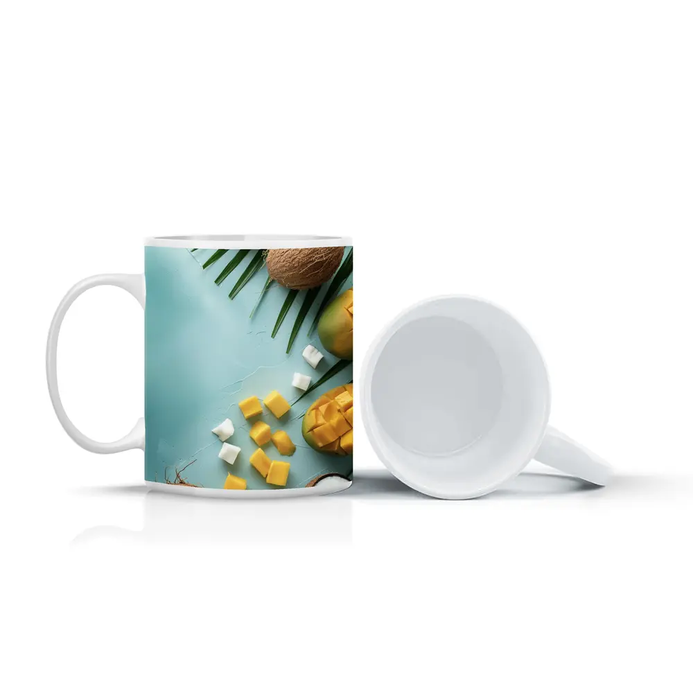 Tropical Mango Coconut Fruit Light Blue Background – Mugs