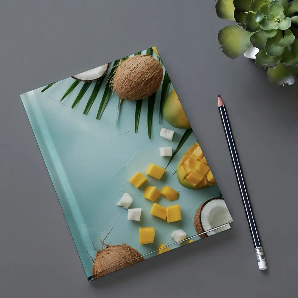 Tropical Mango Coconut Fruit Light Blue Background – Notebooks