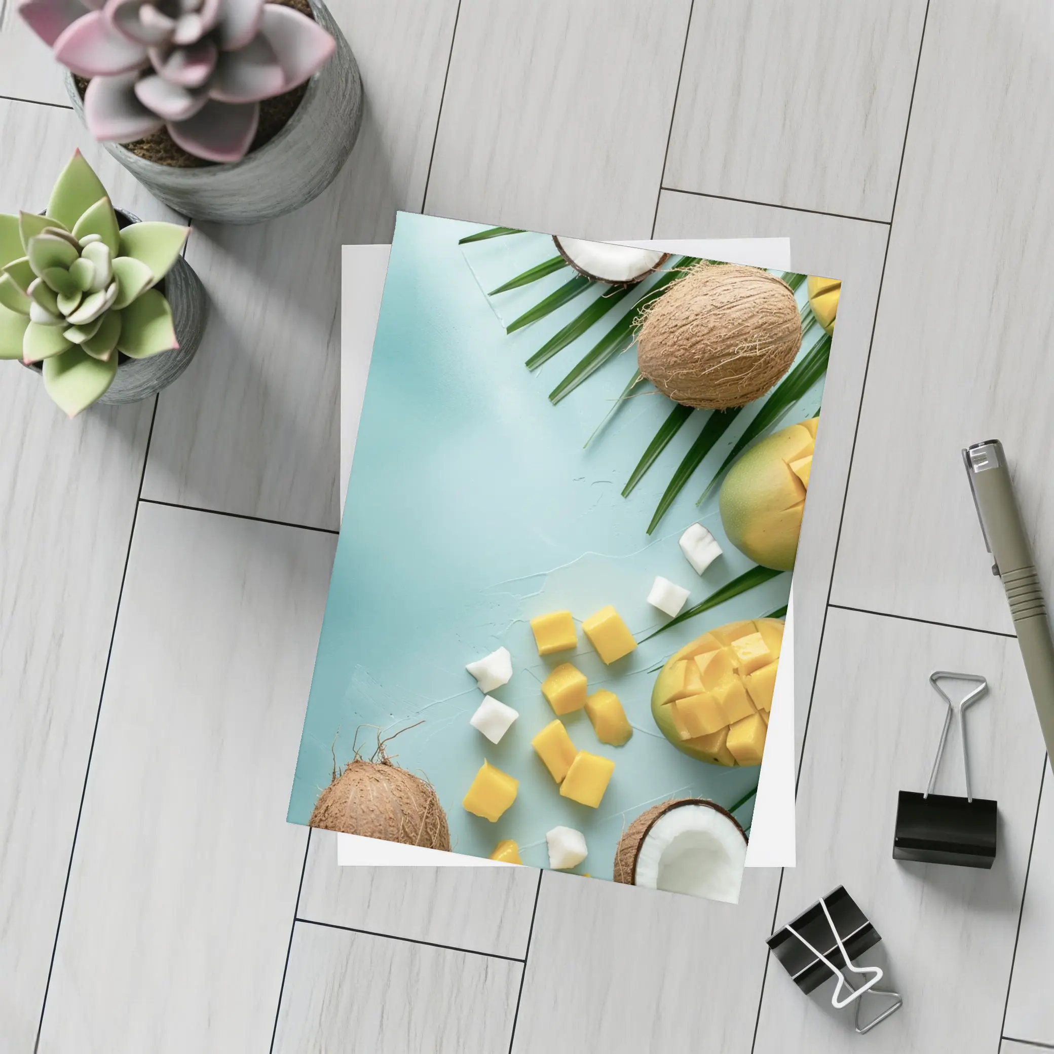 Tropical Mango Coconut Fruit Light Blue Background – Postcards