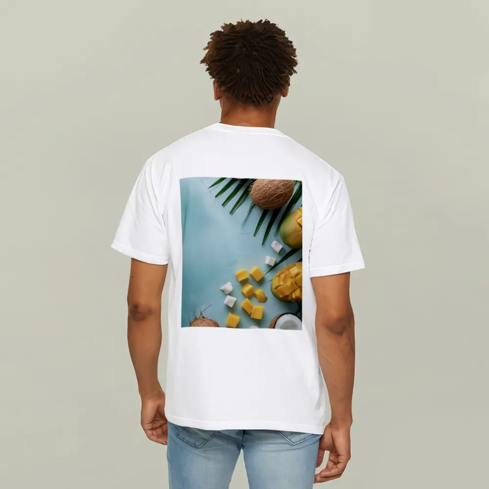Tropical Mango Coconut Fruit Light Blue Background – T-Shirts