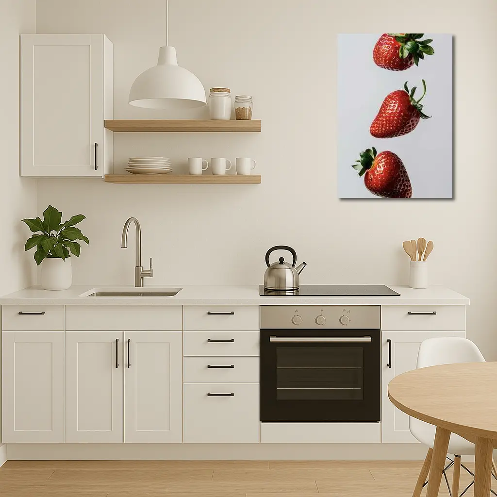 Three Fresh Strawberries Falling Gray Background – Wall Art