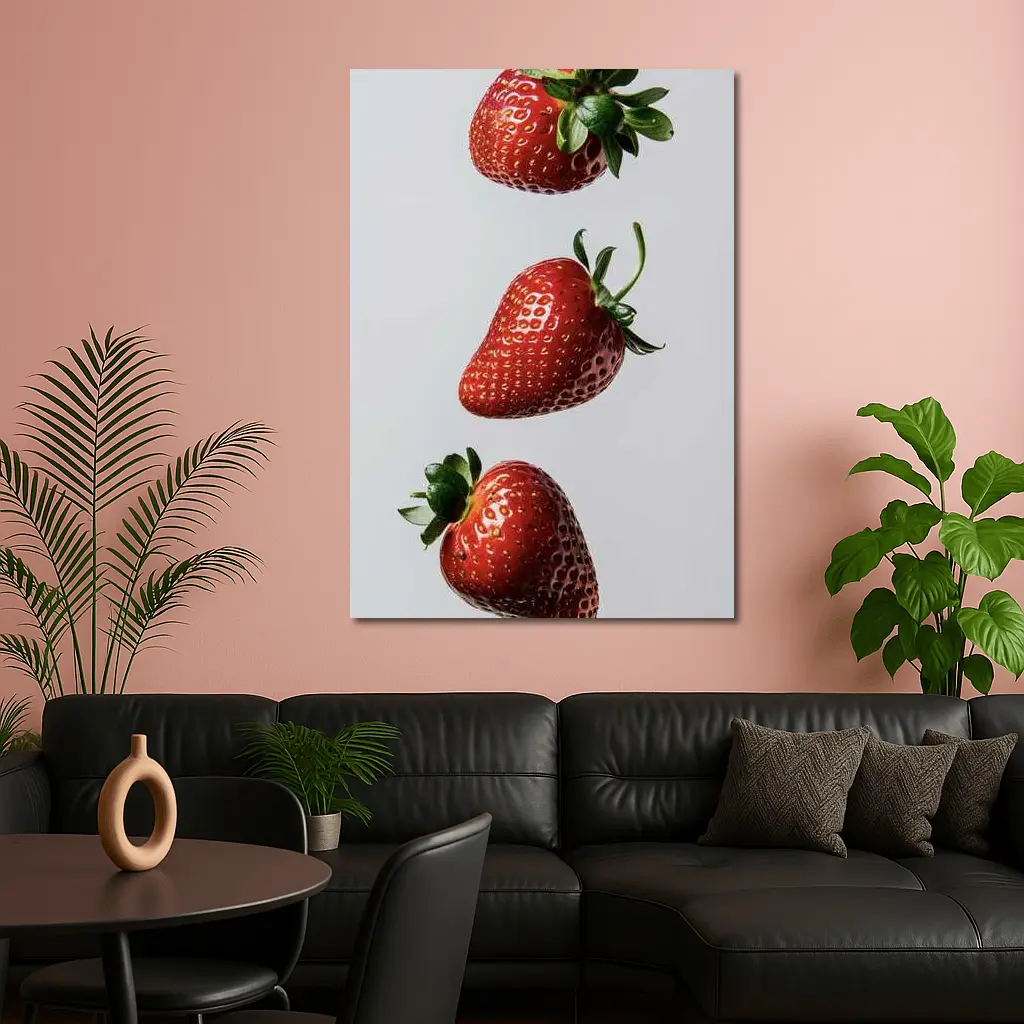 Three Fresh Strawberries Falling Gray Background – Wall Art