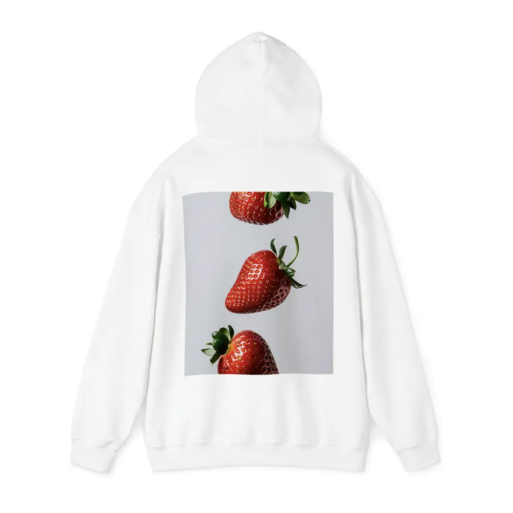 Three Fresh Strawberries Falling Gray Background – Hoodies