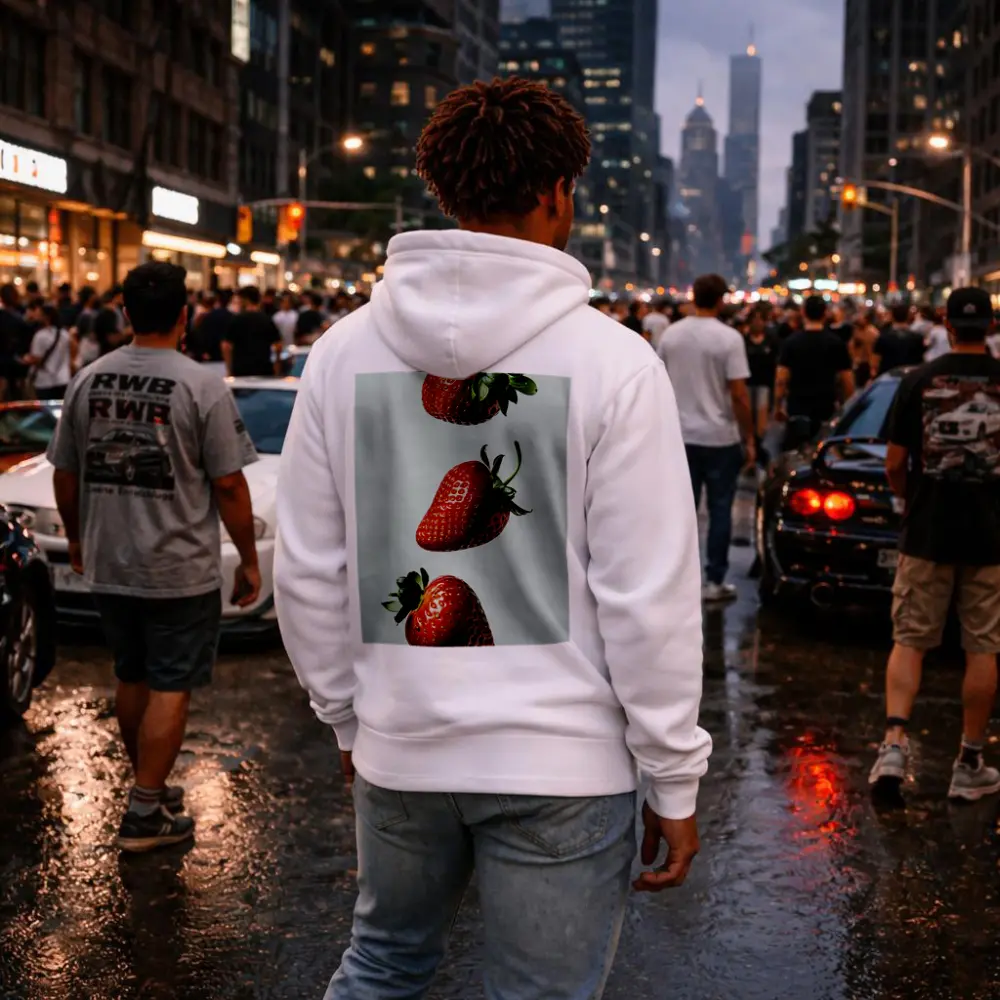 Three Fresh Strawberries Falling Gray Background – Hoodies
