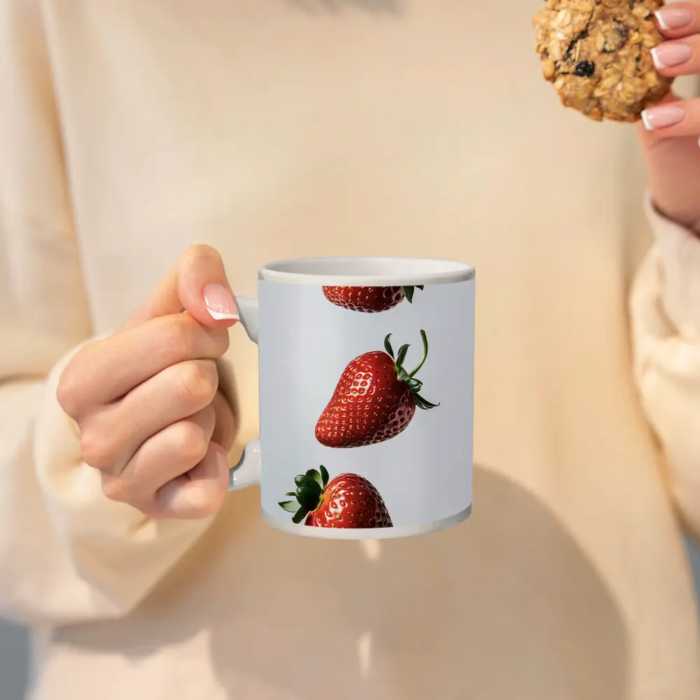 Three Fresh Strawberries Falling Gray Background – Mugs