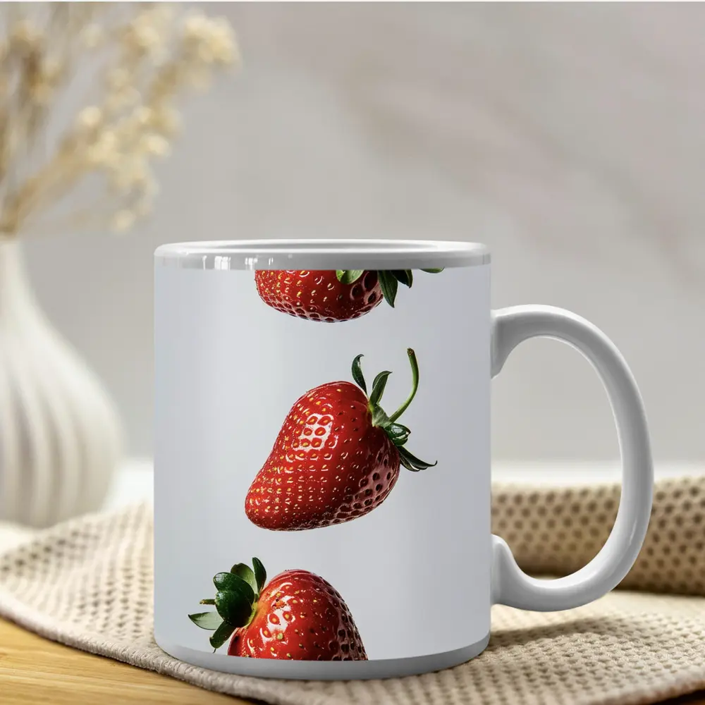 Three Fresh Strawberries Falling Gray Background – Mugs