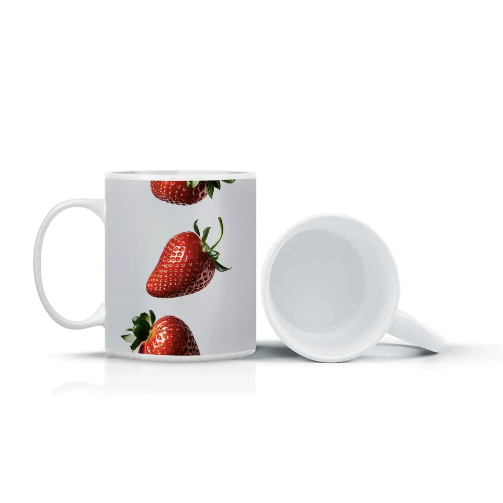 Three Fresh Strawberries Falling Gray Background – Mugs