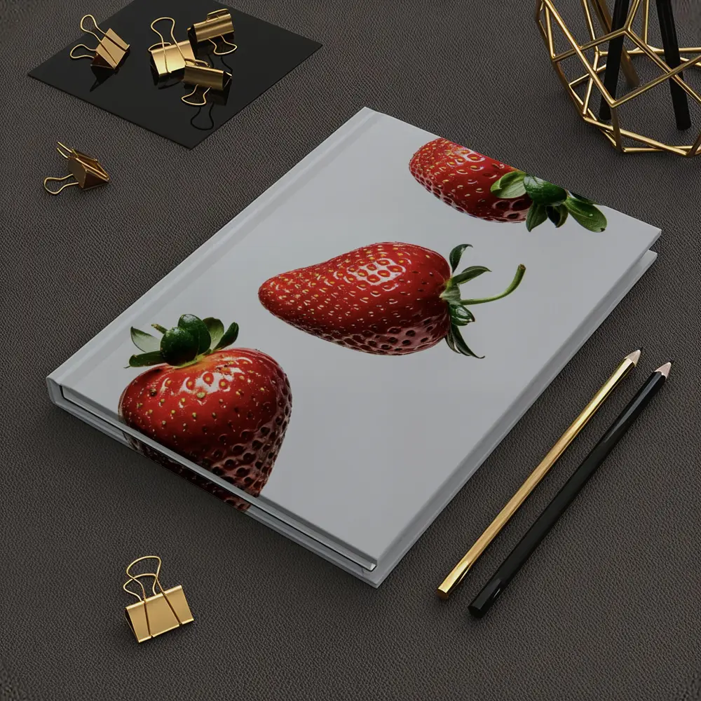 Three Fresh Strawberries Falling Gray Background – Notebooks