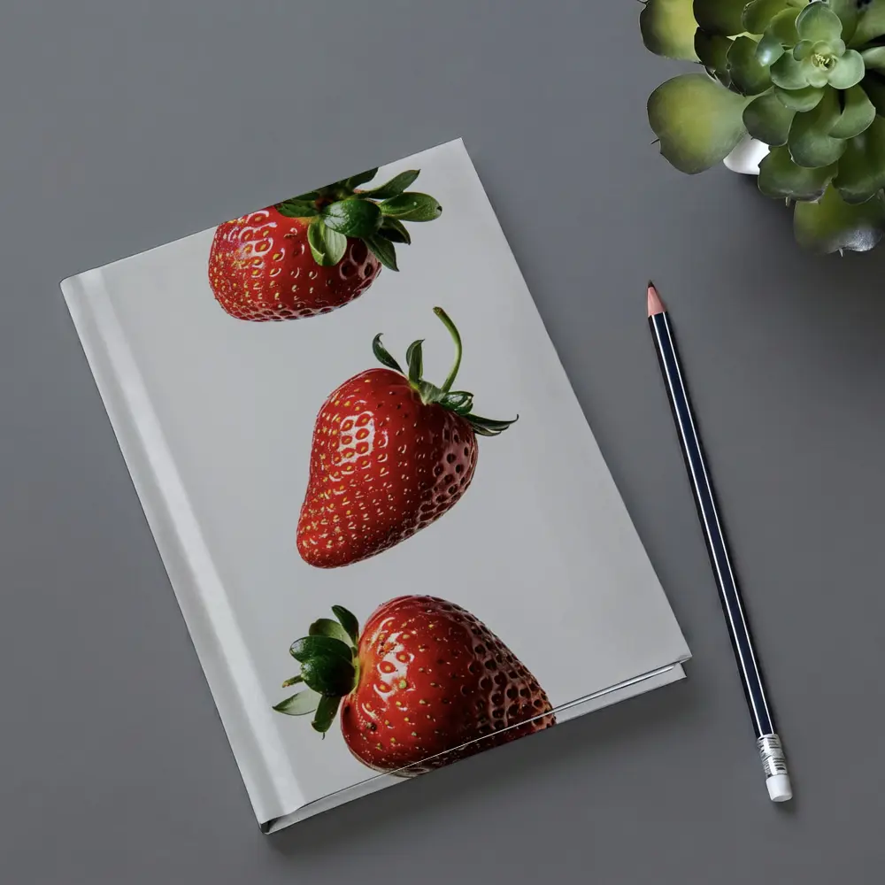 Three Fresh Strawberries Falling Gray Background – Notebooks