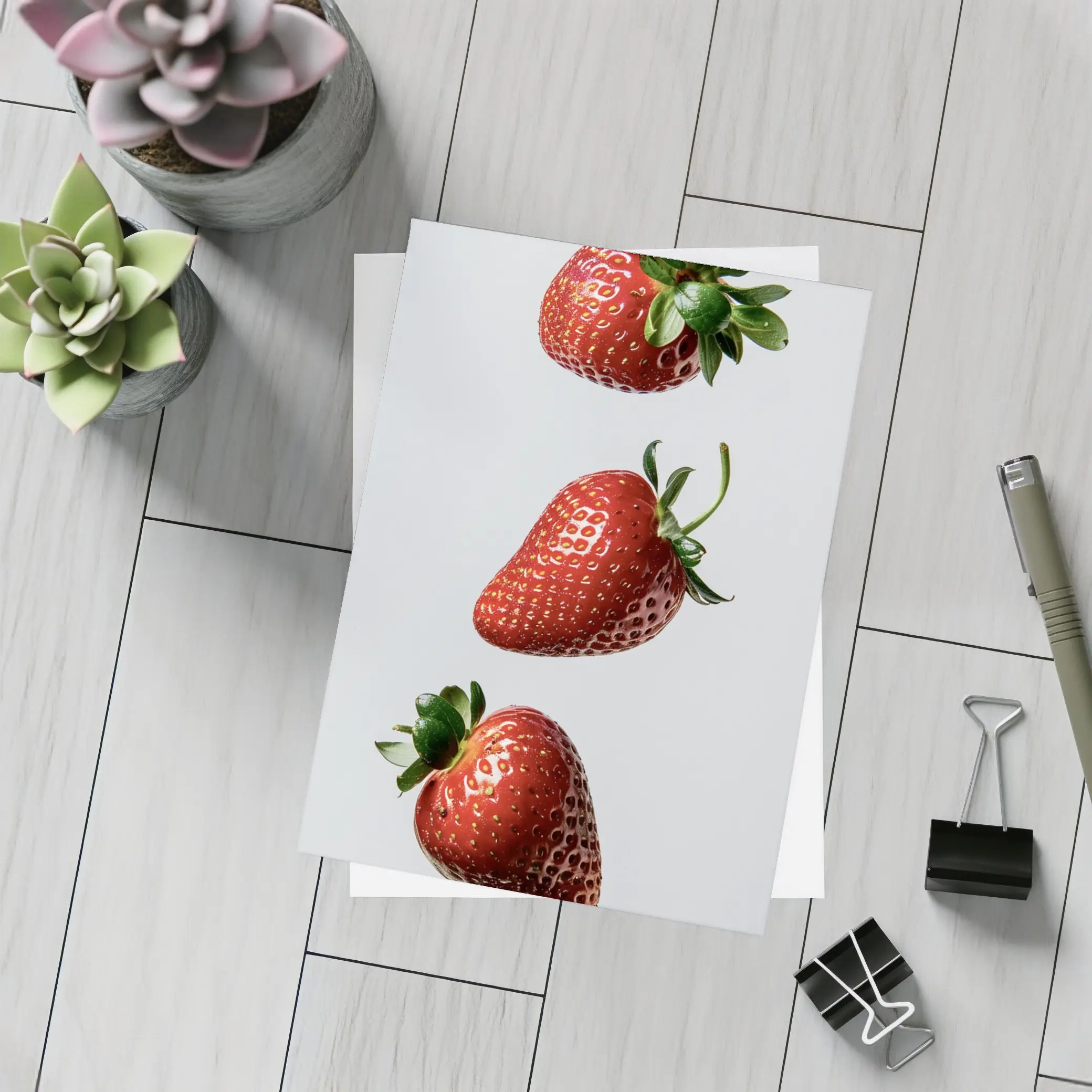 Three Fresh Strawberries Falling Gray Background – Postcards