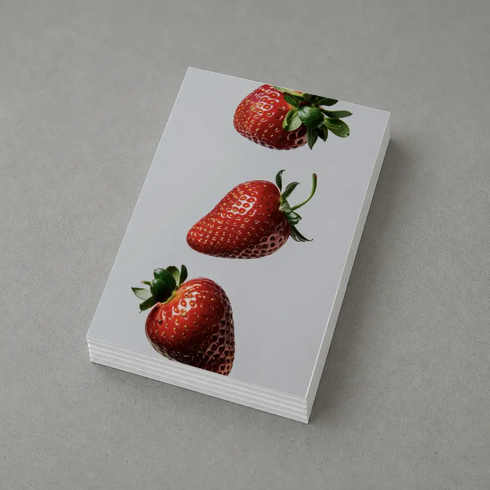 Three Fresh Strawberries Falling Gray Background – Postcards