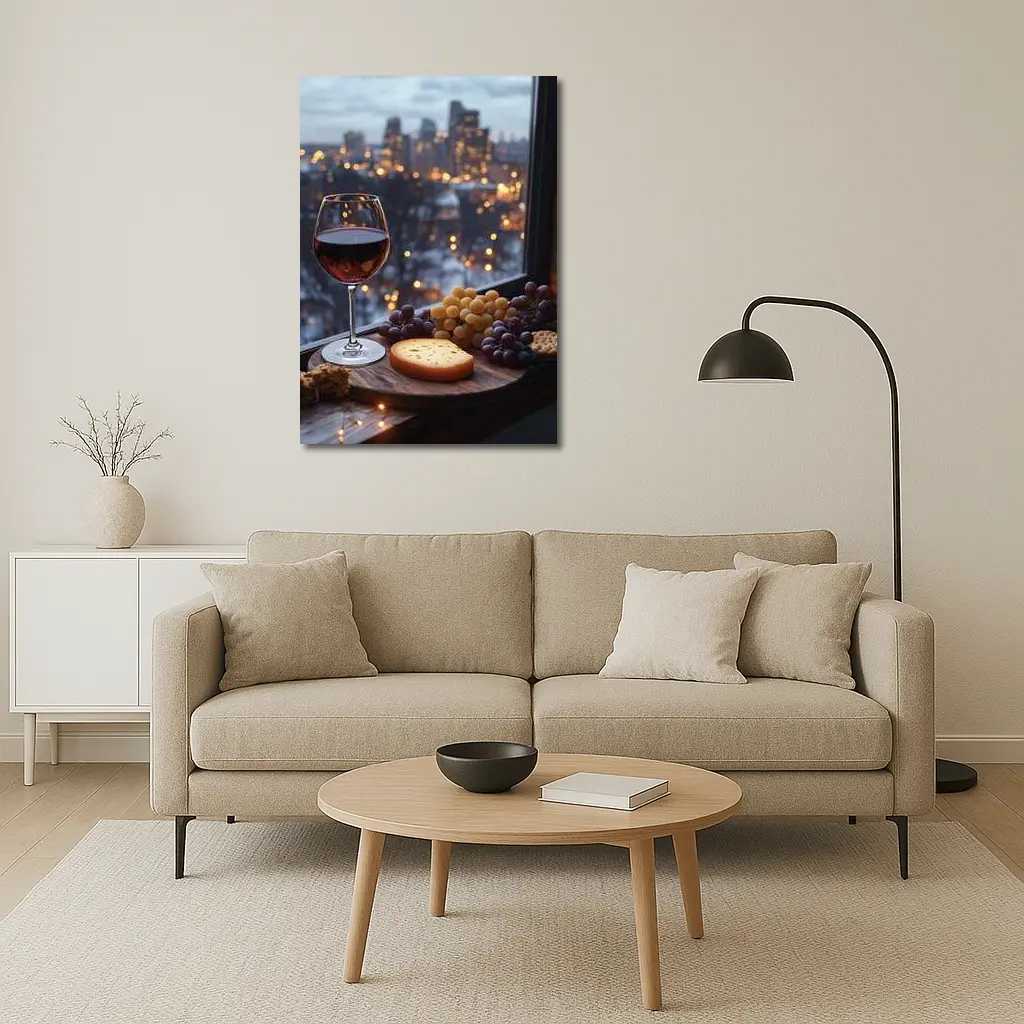Red Wine Cheese Board City Night View – Wall Art