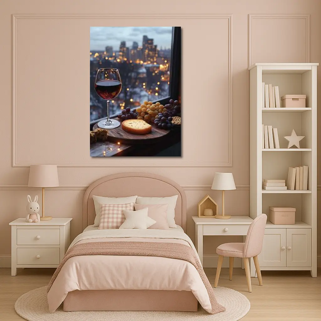 Red Wine Cheese Board City Night View – Wall Art